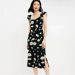 LOFT Black Floral Midi Dress with Pastel Blooms size 16